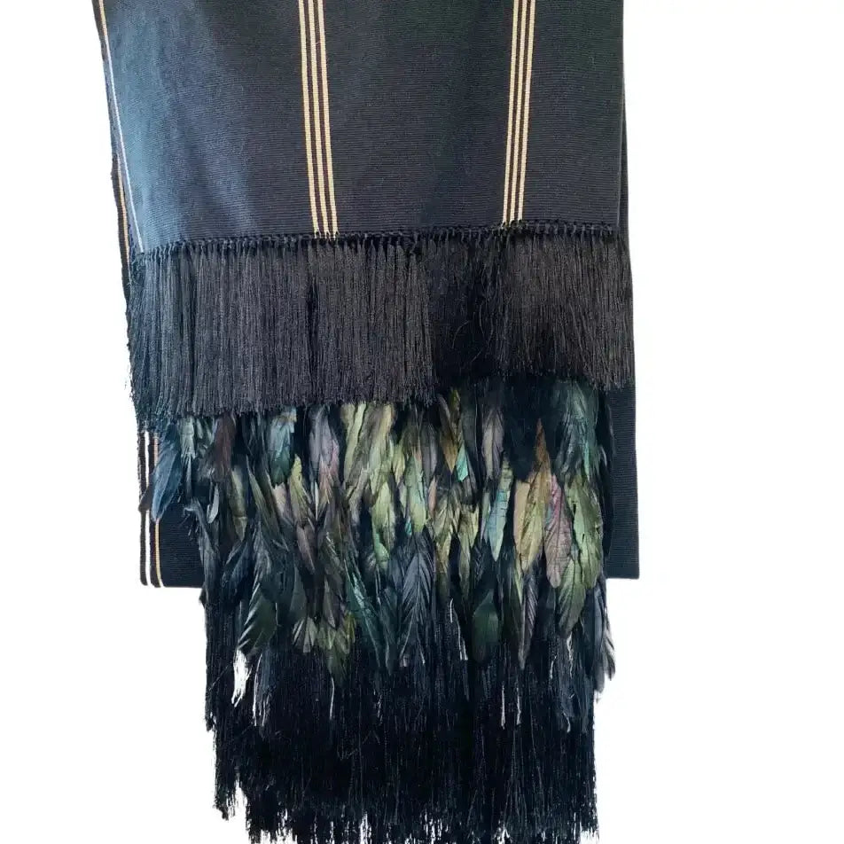 Purepecha rebozo with fringe and feathers - Shawl