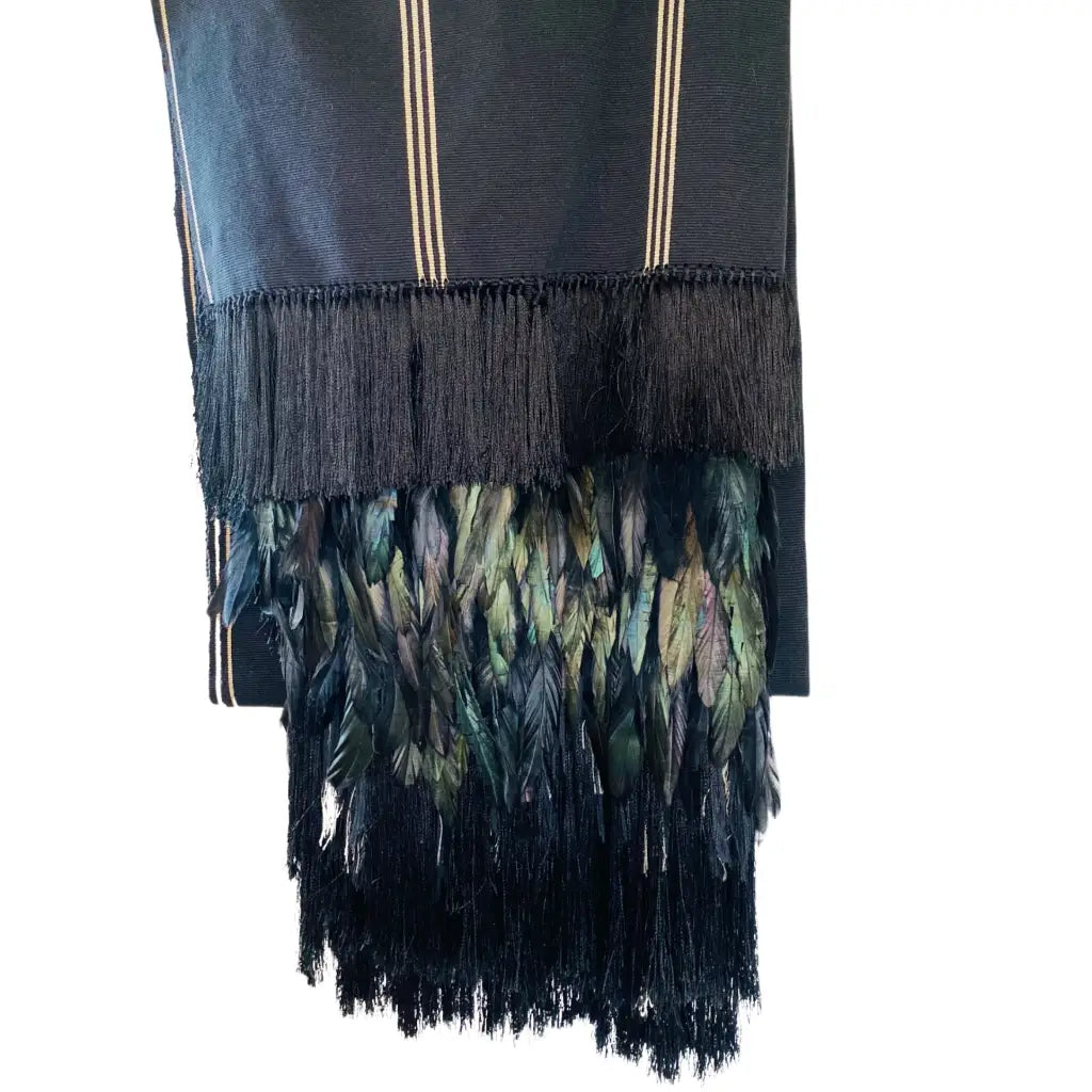 Purepecha rebozo with fringe and feathers - Shawl