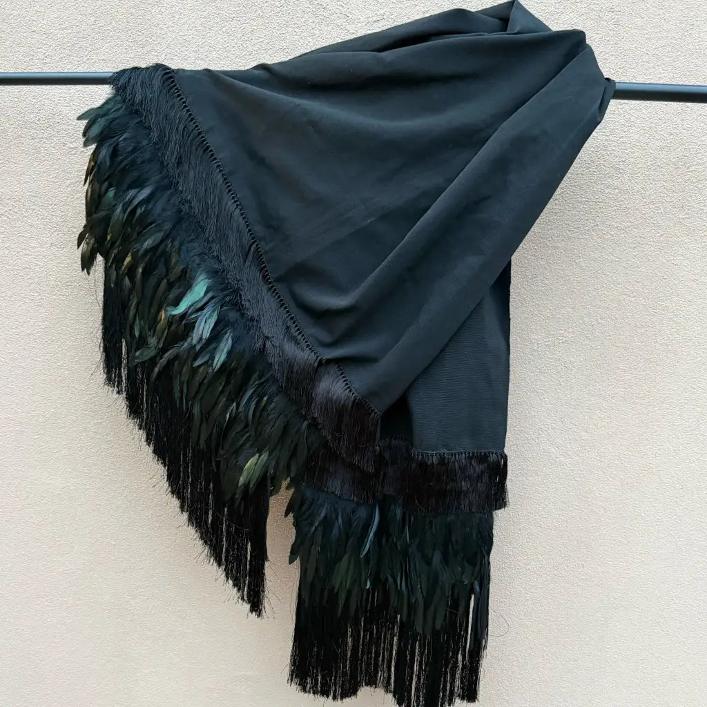 Purepecha rebozo with fringe and feathers - Shawl
