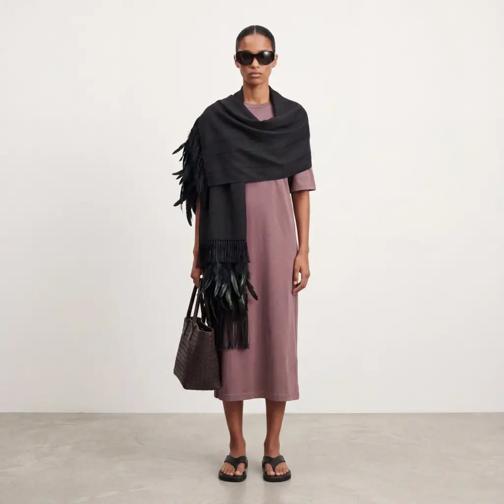 Purepecha rebozo with fringe and feathers - Shawl