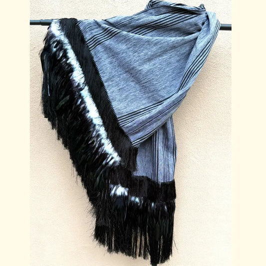 Purepecha rebozo with fringe and feathers - Shawl