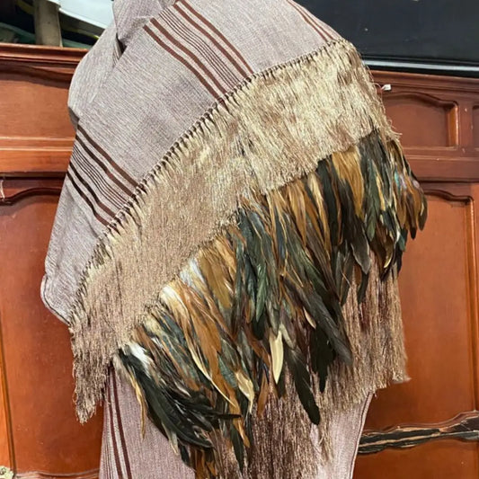 Purepecha rebozo with fringe and feathers - Shawl