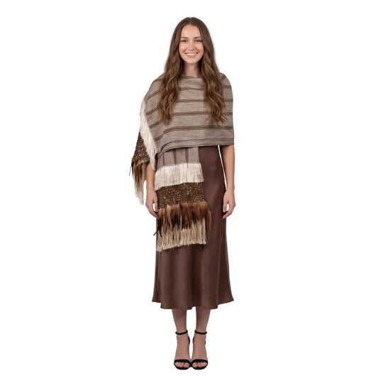 Purepecha rebozo with fringe and feathers - Shawl