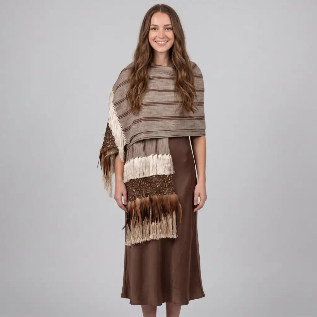 Purepecha rebozo with fringe and feathers - Shawl