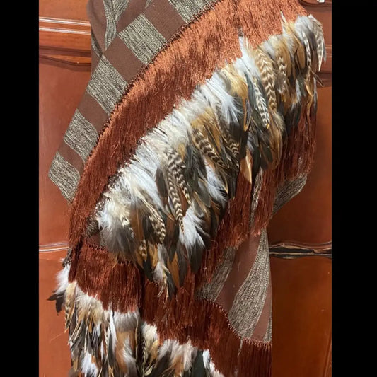 Purepecha rebozo with fringe and feathers - Shawl