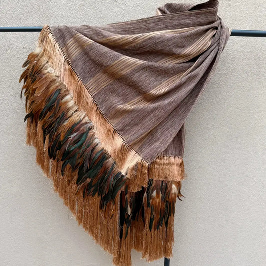Purepecha rebozo with fringe and feathers - Shawl