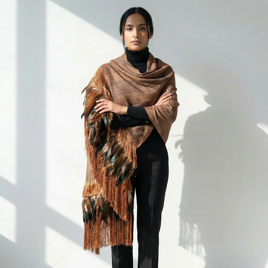 Purepecha rebozo with fringe and feathers - Shawl
