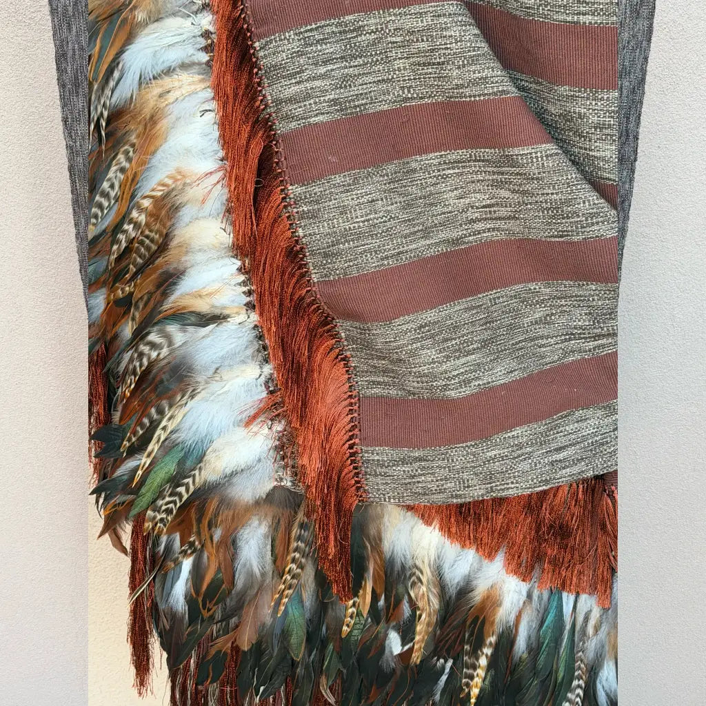 Purepecha rebozo with fringe and feathers - Shawl