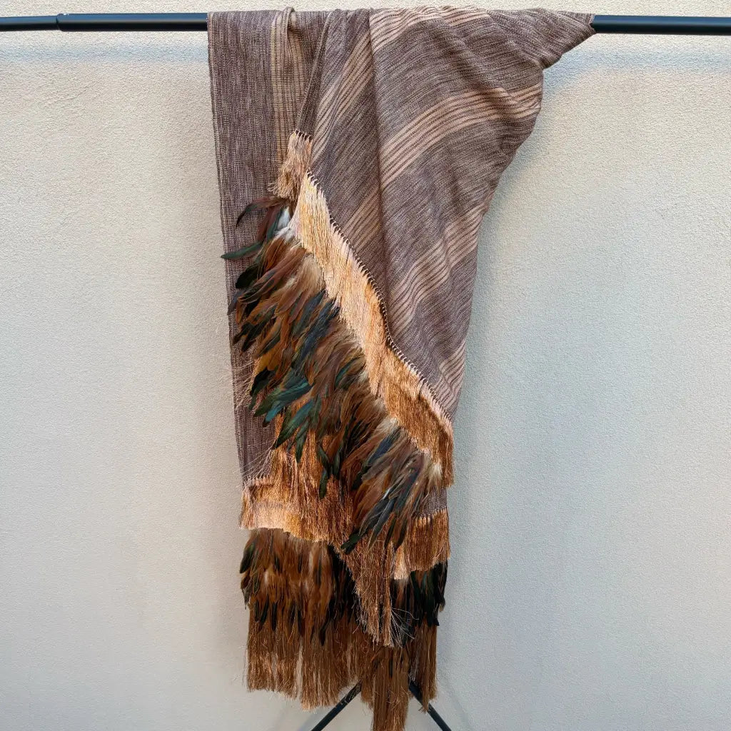 Purepecha rebozo with fringe and feathers - Shawl