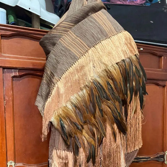 Purepecha rebozo with fringe and feathers - Shawl