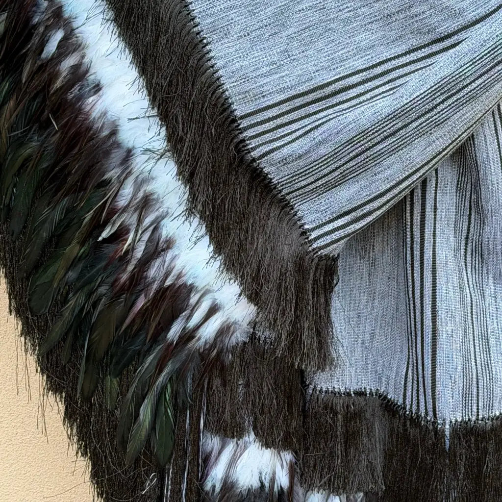 Purepecha rebozo with fringe and feathers - Shawl