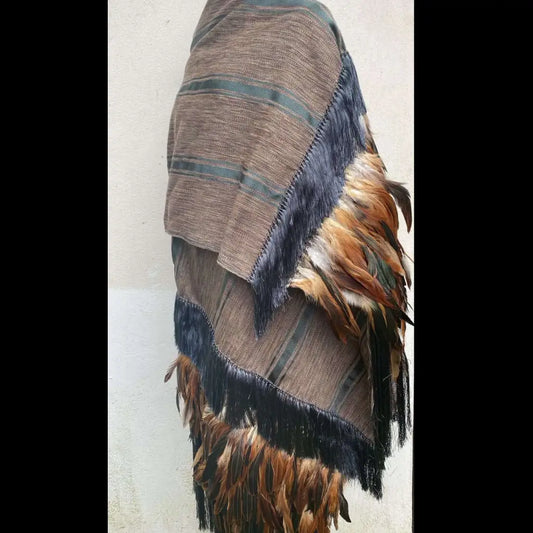 Purepecha rebozo with fringe and feathers - Shawl