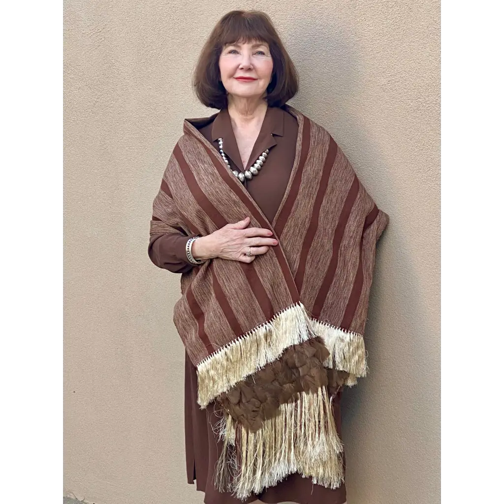 Purepecha rebozo with fringe and feathers - Shawl