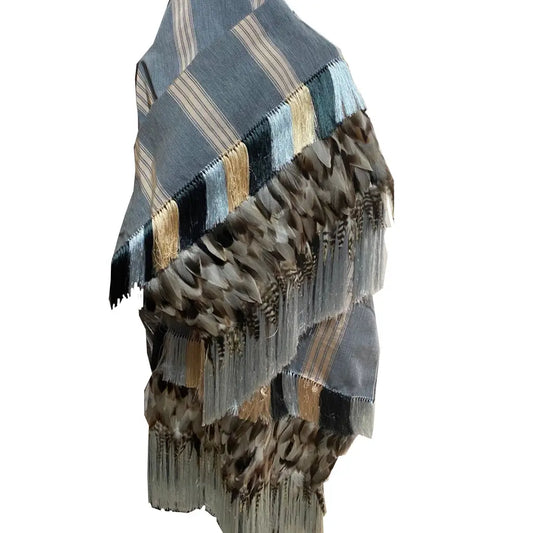 Purepecha rebozo with fringe and feathers - Shawl