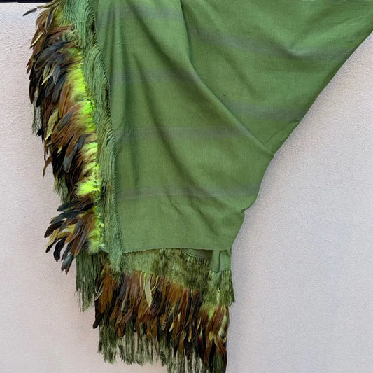 Purepecha rebozo with fringe and feathers - Shawl