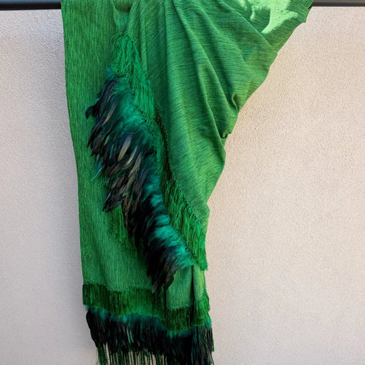 Purepecha rebozo with fringe and feathers - Shawl