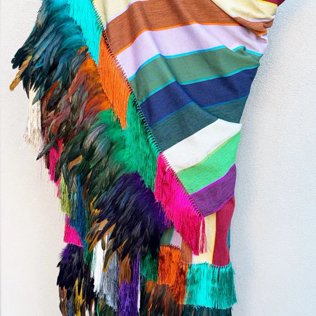 Purepecha rebozo with fringe and feathers - Shawl