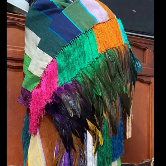 Purepecha rebozo with fringe and feathers - Shawl