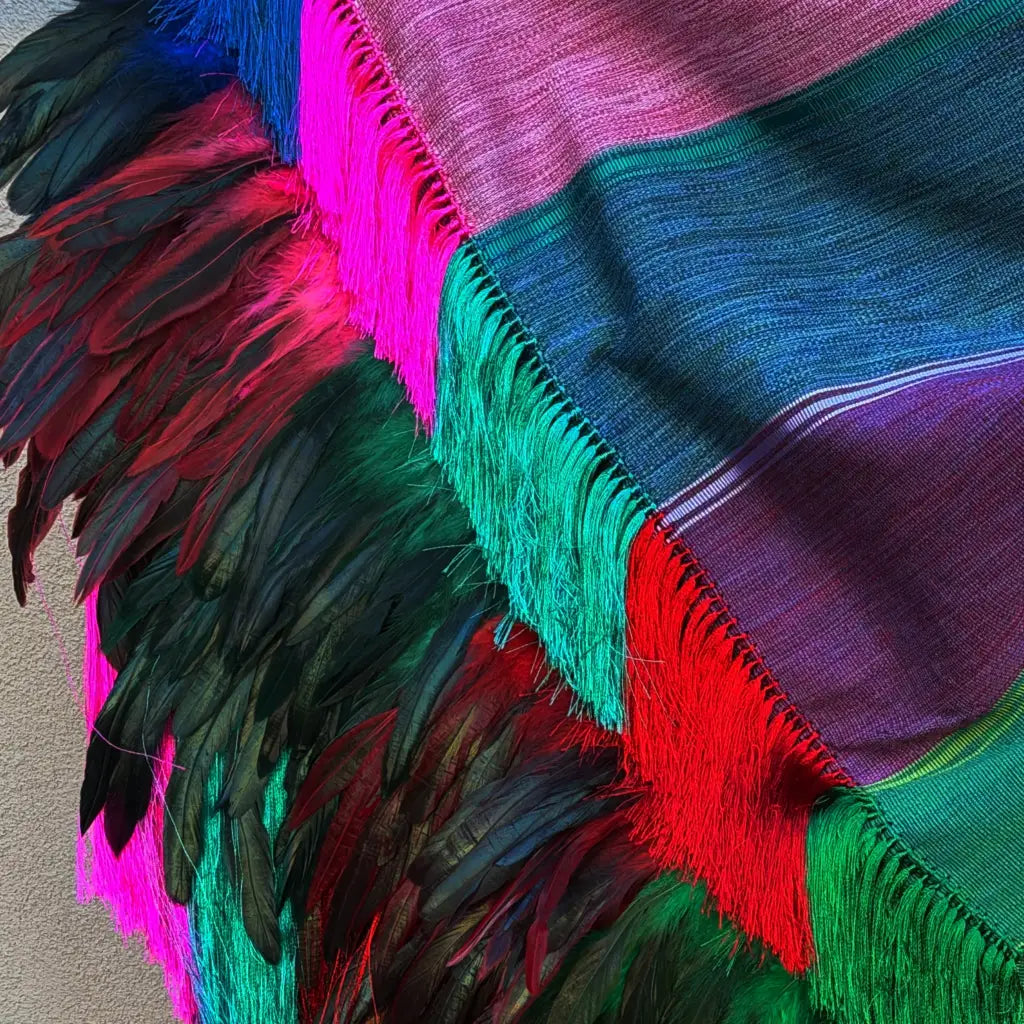 Purepecha rebozo with fringe and feathers - Shawl