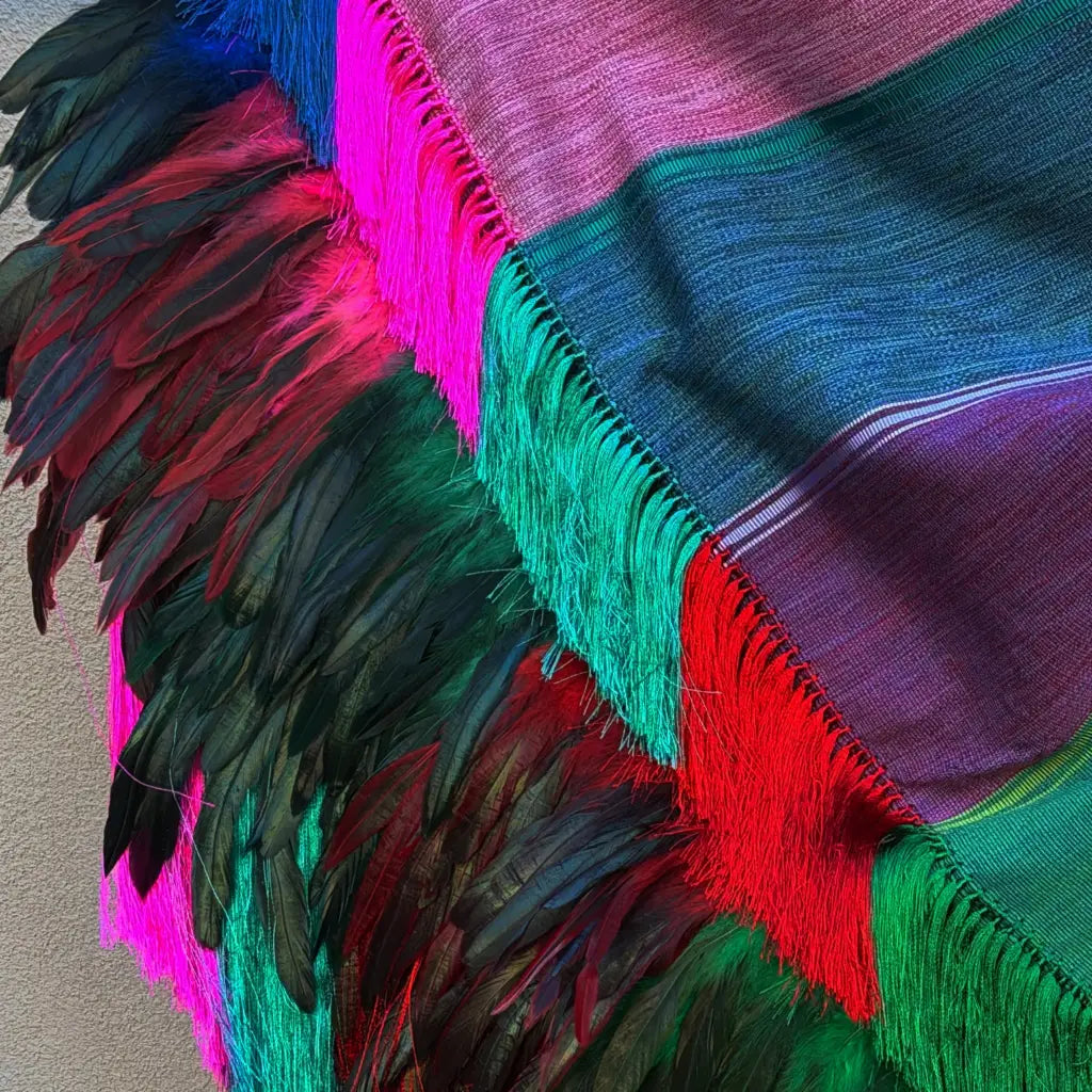 Purepecha rebozo with fringe and feathers - Shawl