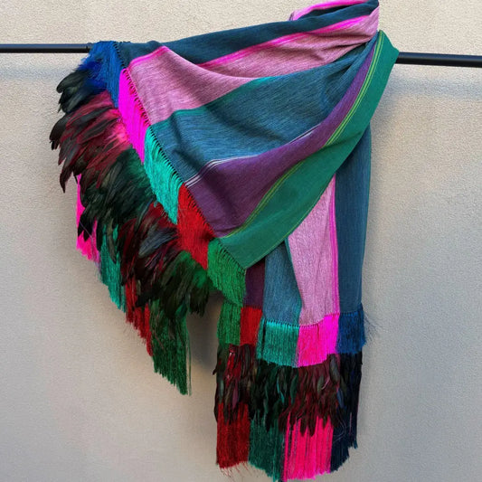 Purepecha rebozo with fringe and feathers - Shawl