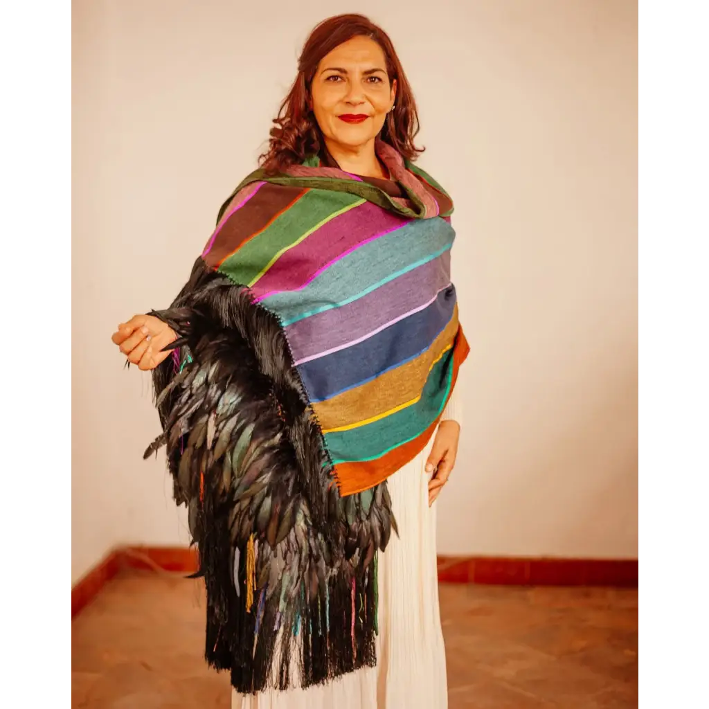 Purepecha rebozo with fringe and feathers - Shawl