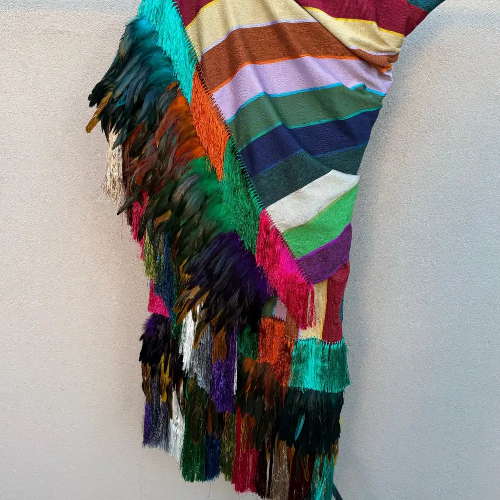 Purepecha rebozo with fringe and feathers - Shawl