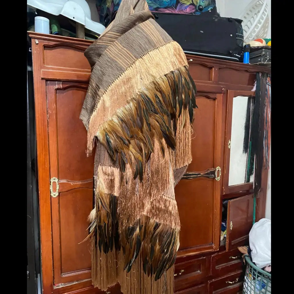 Purepecha rebozo with fringe and feathers - Shawl