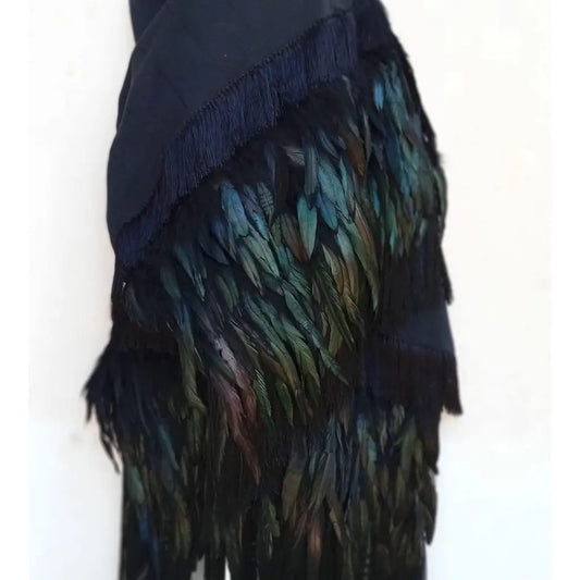 Purepecha rebozo with fringe and feathers - Shawl
