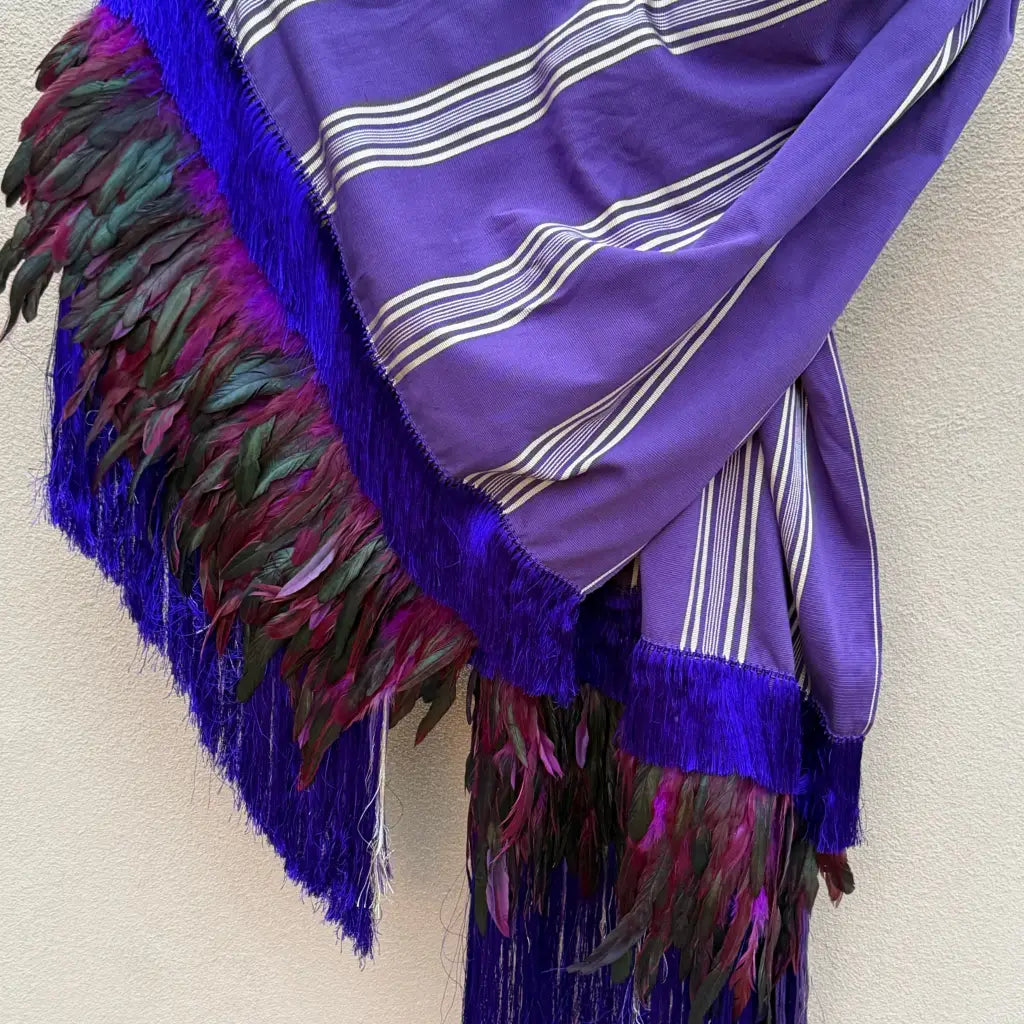 Purepecha rebozo with fringe and feathers - Shawl