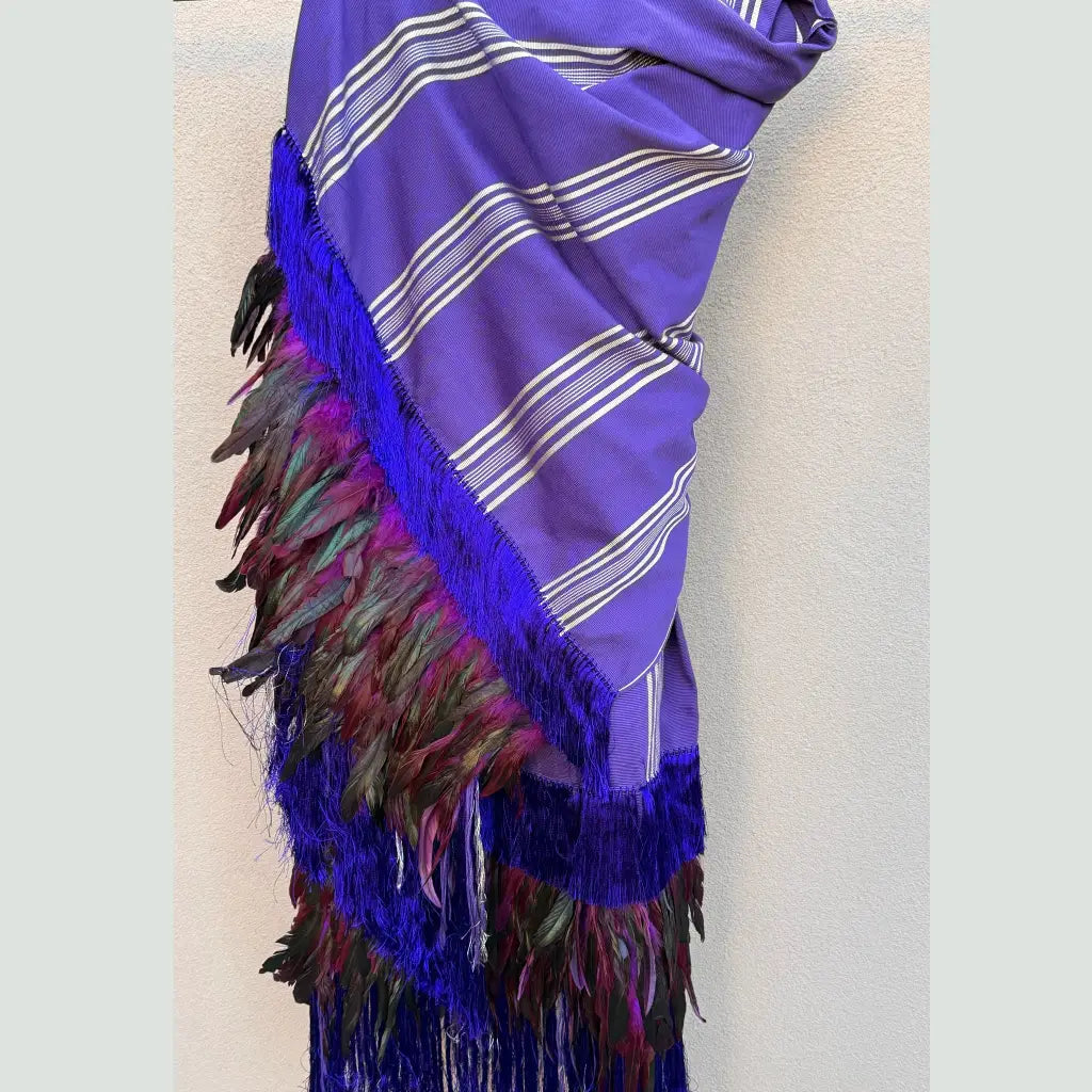 Purepecha rebozo with fringe and feathers - Shawl