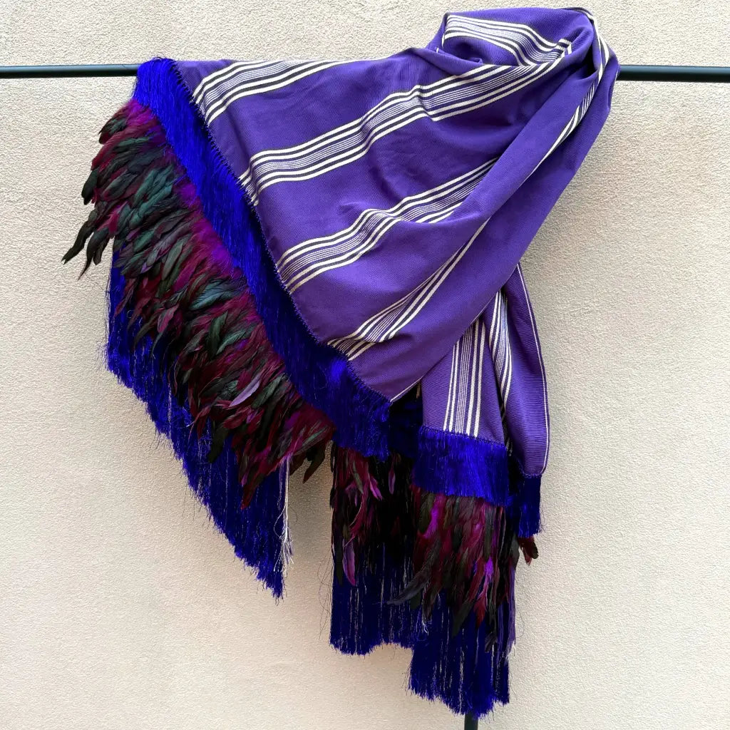 Purepecha rebozo with fringe and feathers - Shawl