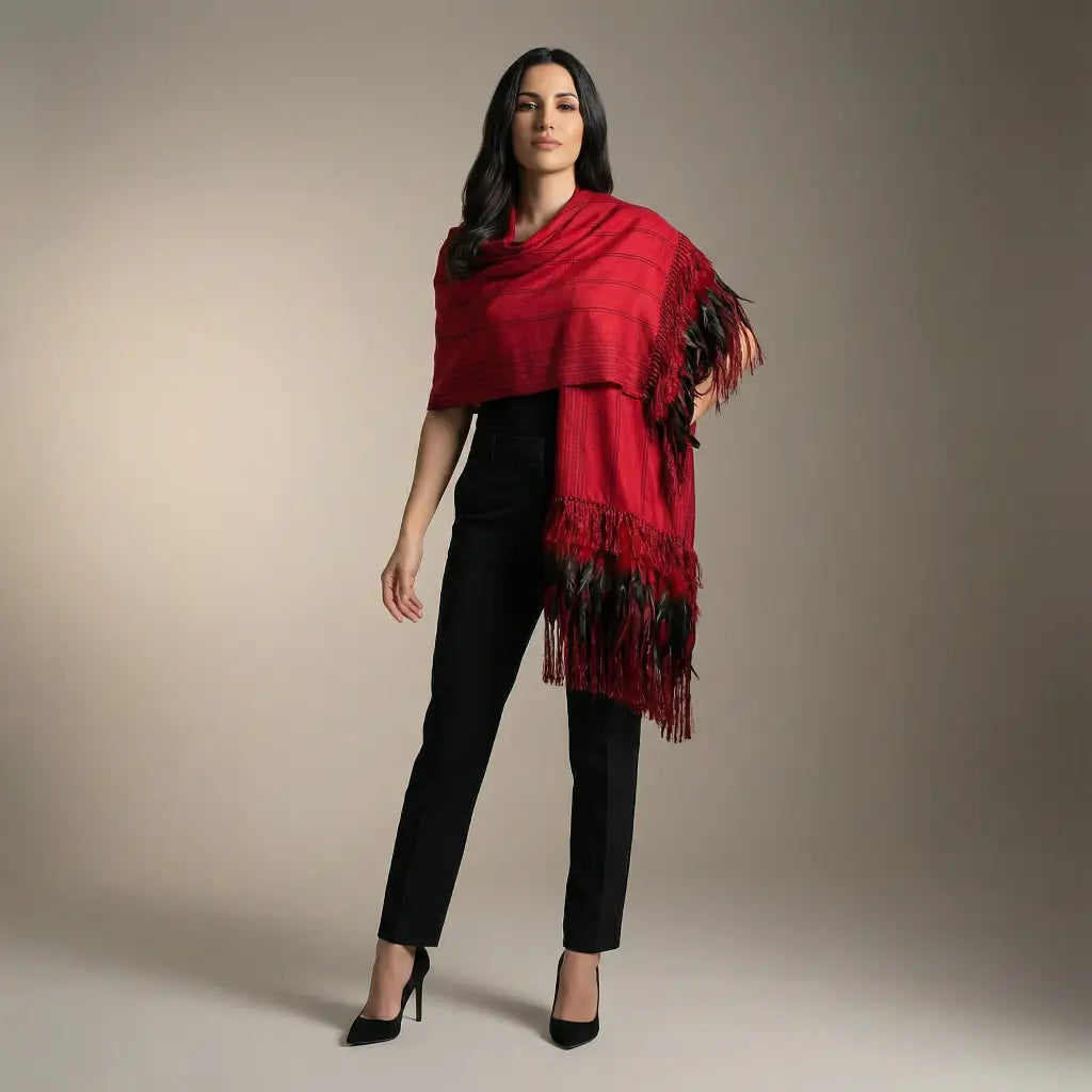 Purepecha rebozo with fringe and feathers - Shawl