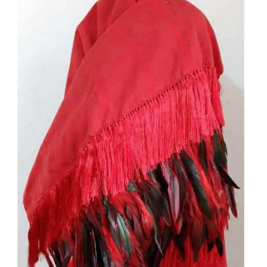 Purepecha rebozo with fringe and feathers - Shawl