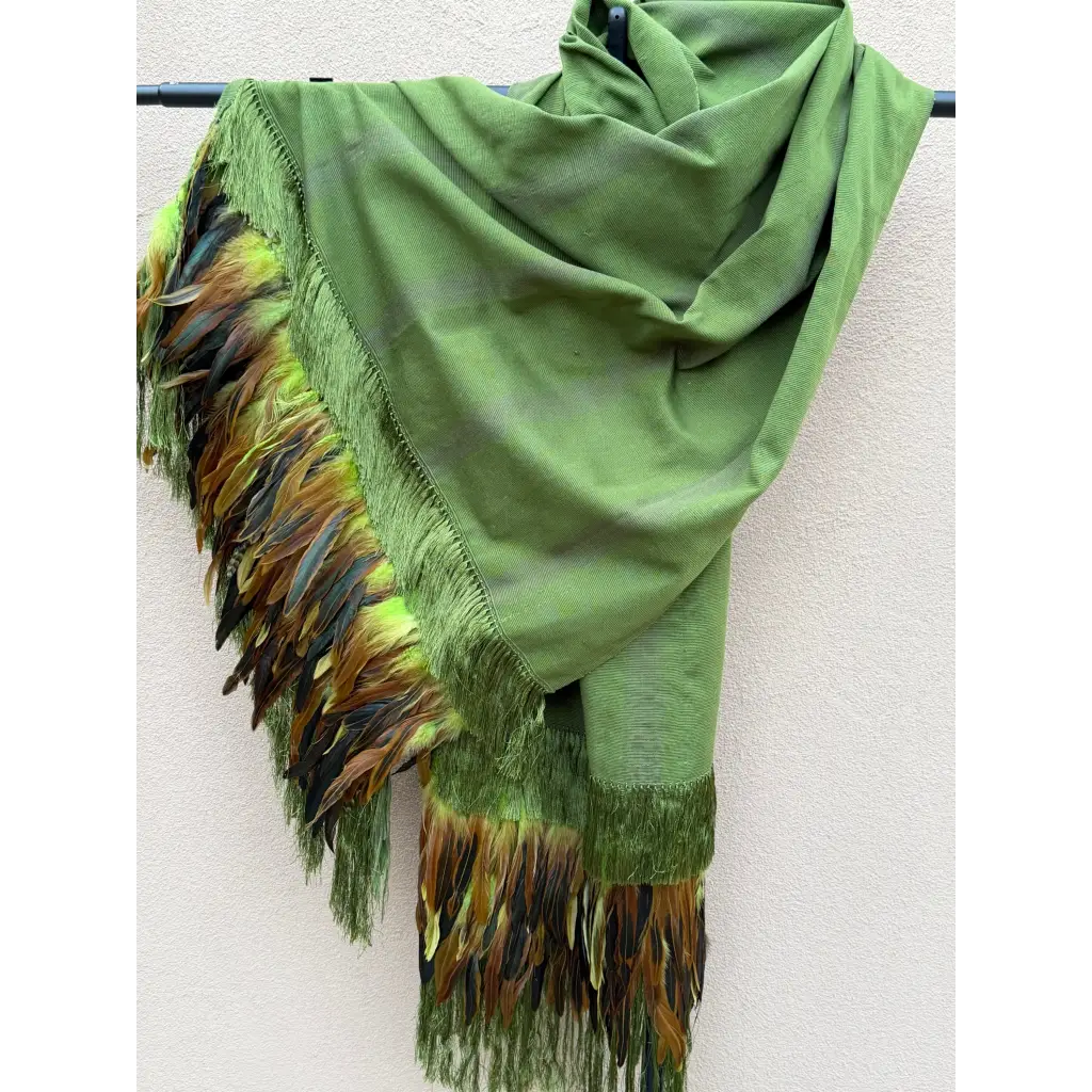 Purepecha rebozo with fringe and feathers - Shawl