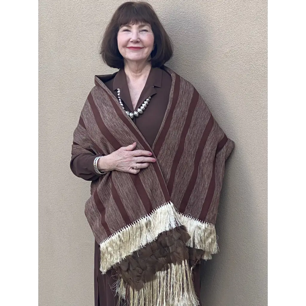 Purepecha rebozo with fringe and feathers - Shawl