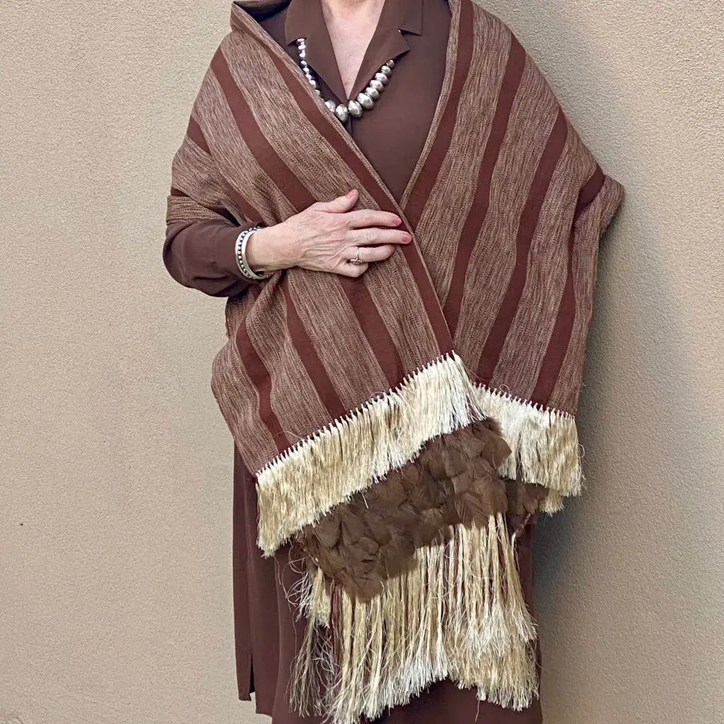 Purepecha rebozo with fringe and feathers - Shawl