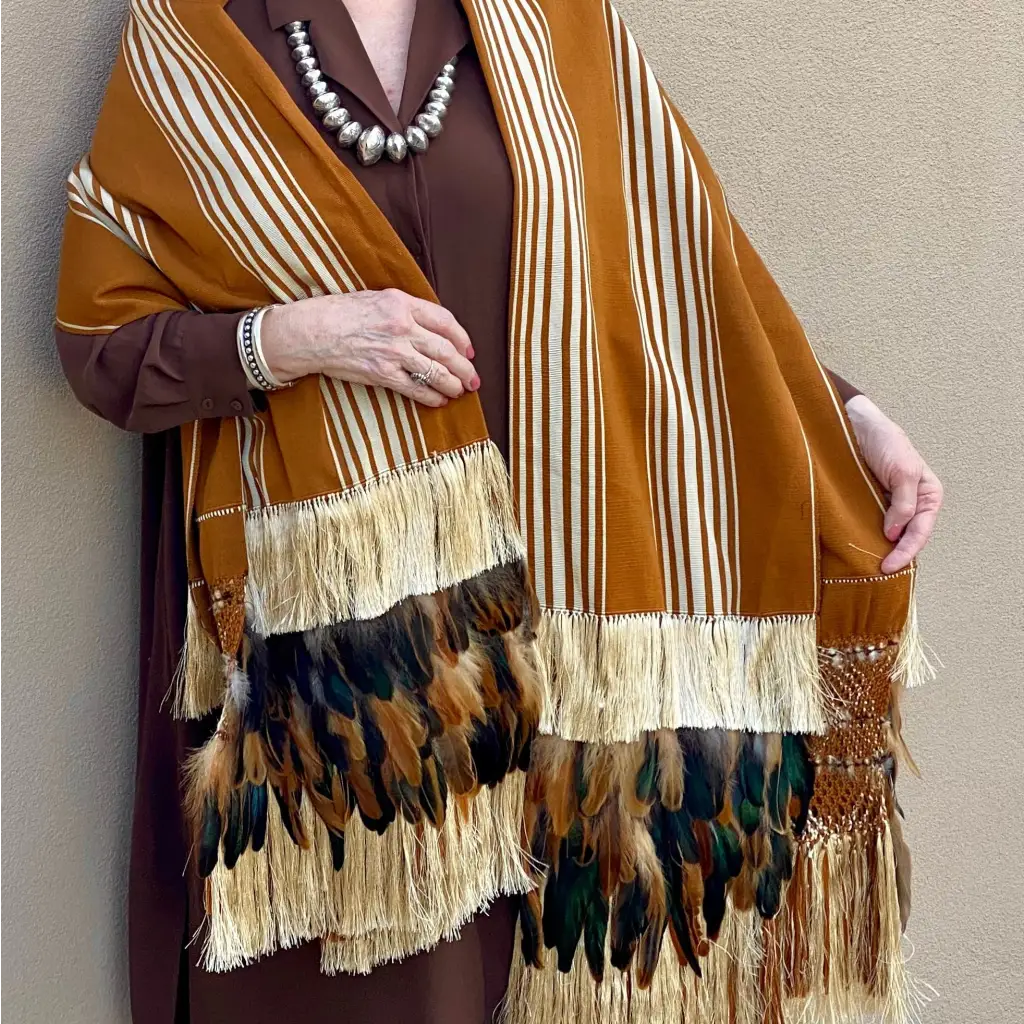 Purepecha rebozo with fringe and feathers - Shawl