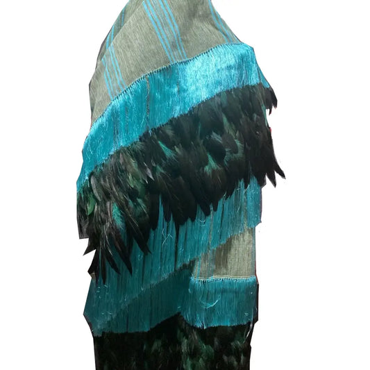 Purepecha rebozo with fringe and feathers - Shawl