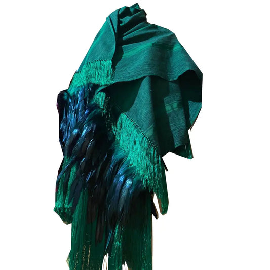 Purepecha rebozo with fringe and feathers - Shawl