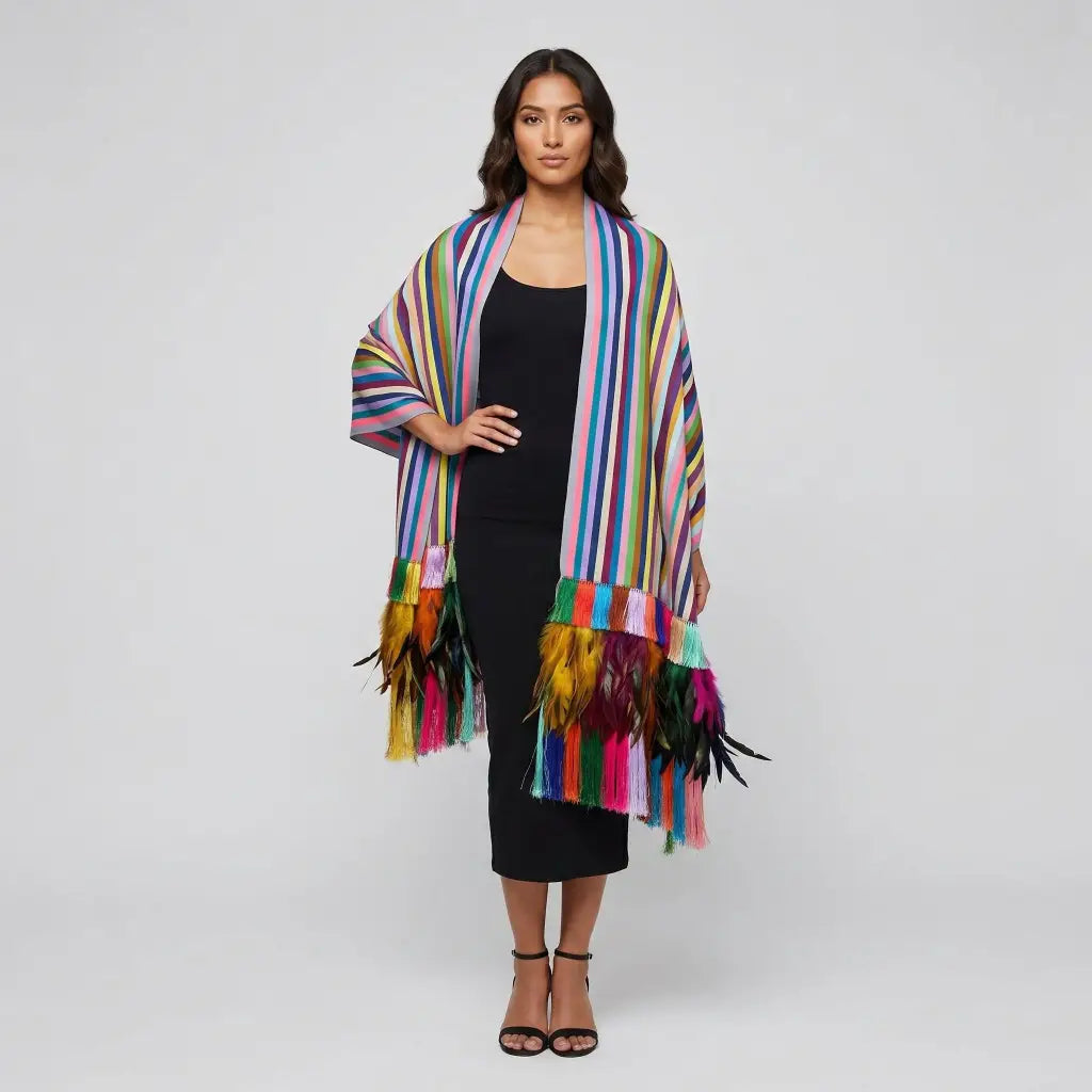 Purepecha Rebozo Shawl with Feathers, Handwoven Silk Fringe