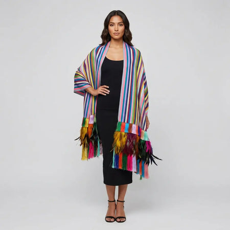 Purepecha rebozo with fringe and feathers - Shawl