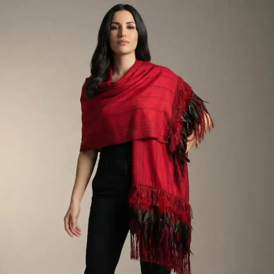 Purepecha rebozo with fringe and feathers - Shawl