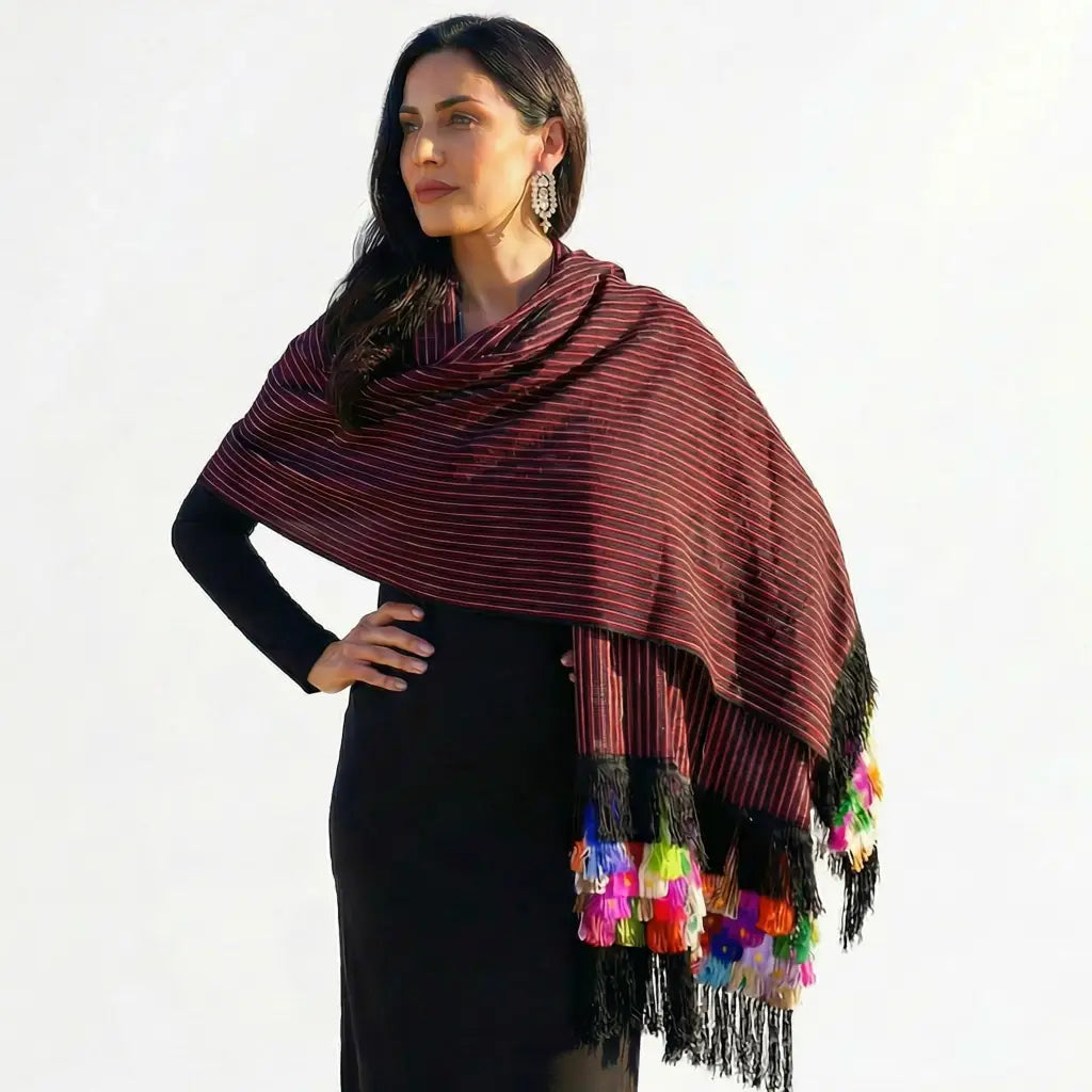 Purepecha Rebozo Shawl, Handwoven Cotton with Silk Fringe