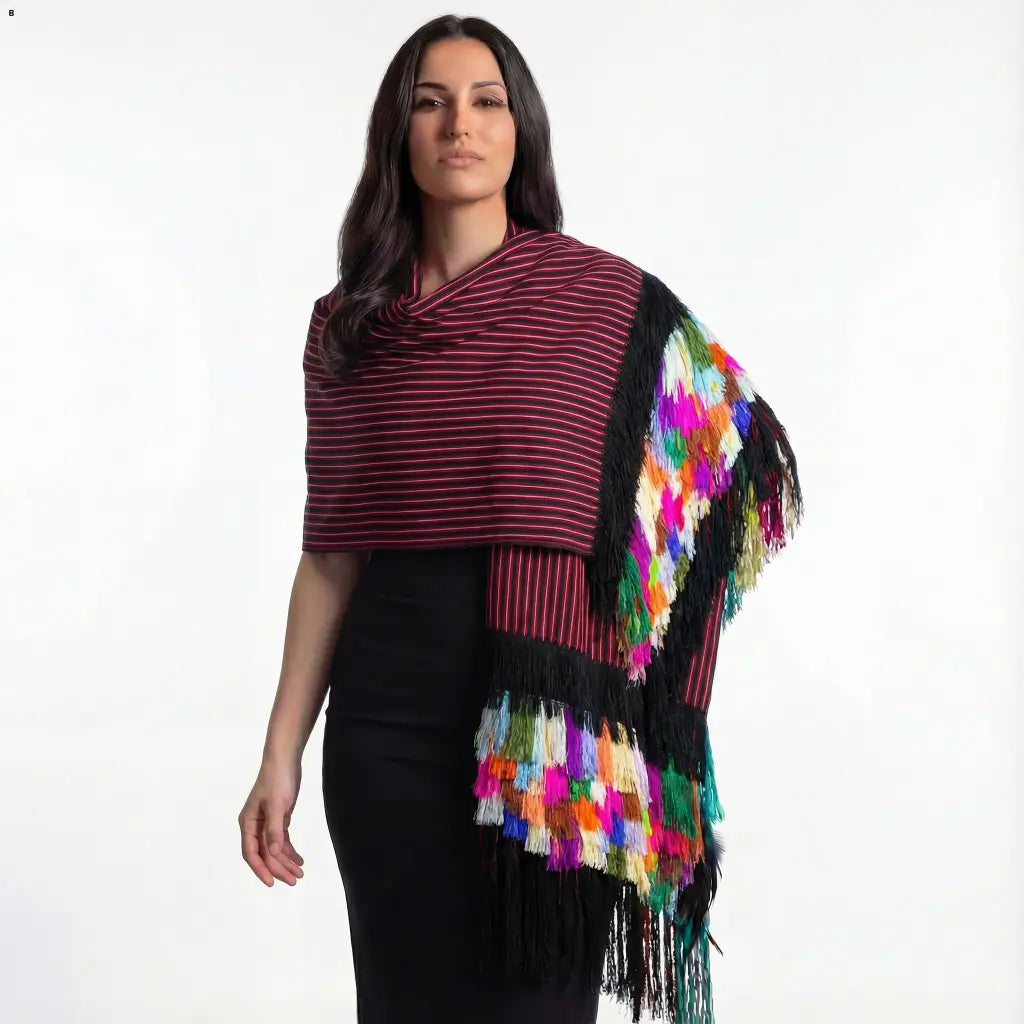 Purepecha Rebozo Shawl, Handwoven Cotton with Silk Fringe
