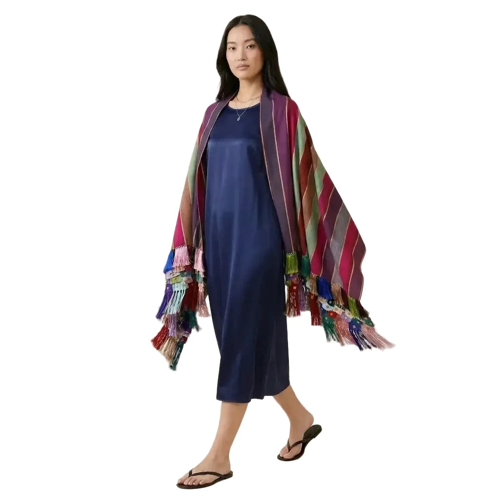 Purepecha Rebozo Shawl, Handwoven Cotton with Silk Fringe