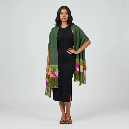 Purepecha Rebozo with Stripes & Silk Fringe, Handwoven