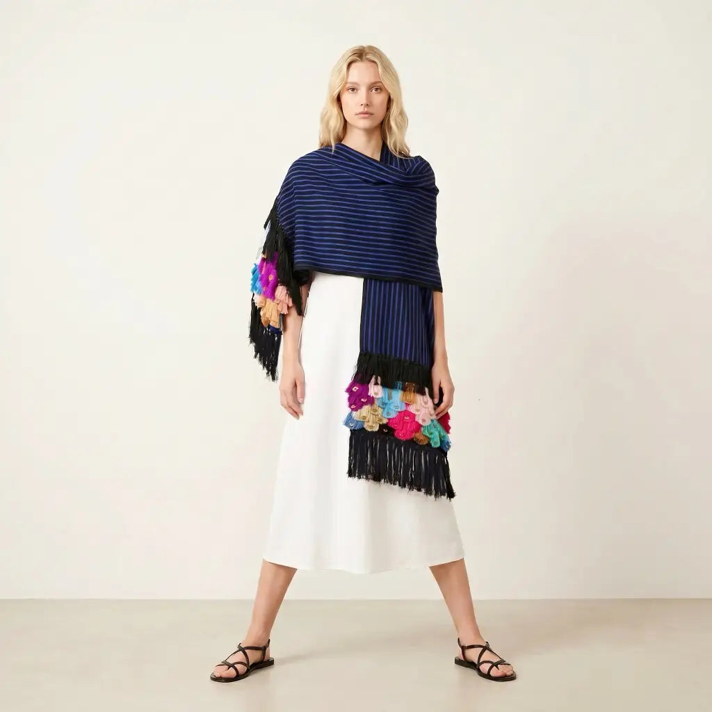 Purepecha Rebozo Shawl, Blue Stripe Handwoven Cotton