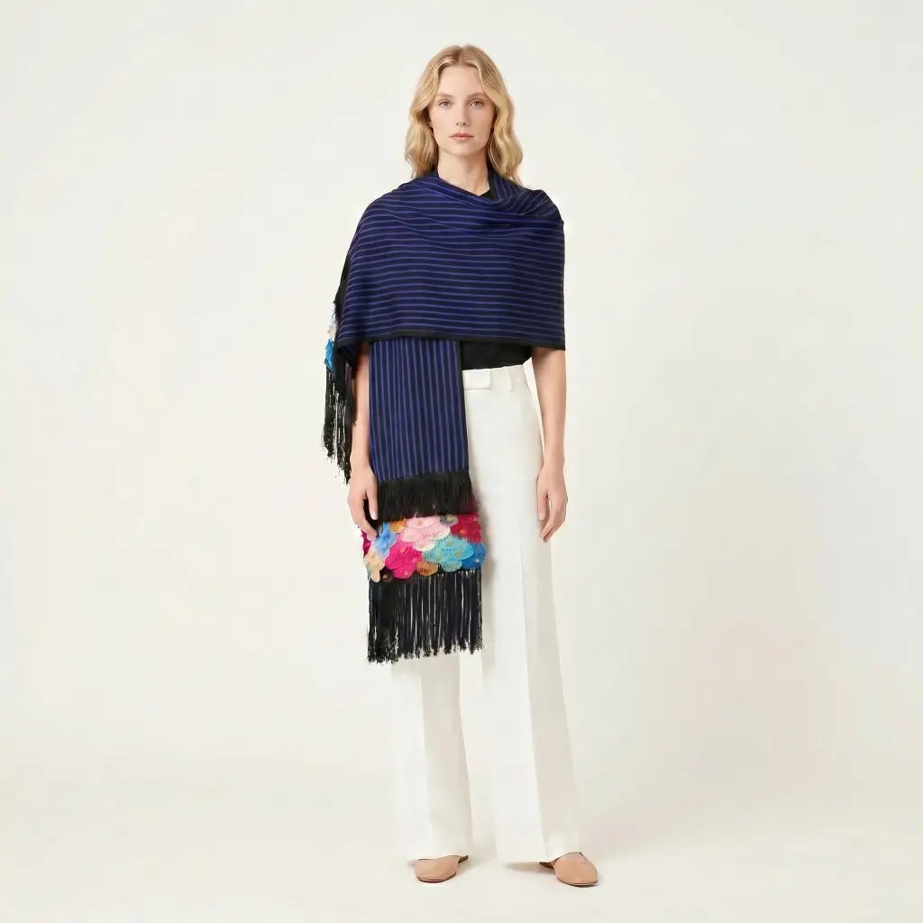 Purepecha Rebozo Shawl, Blue Stripe Handwoven Cotton