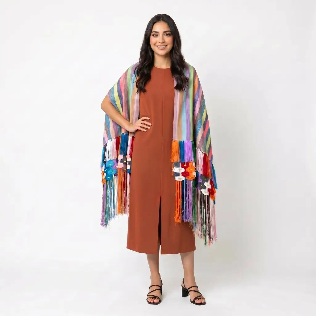 Purepecha Rebozo Shawl, Handwoven Cotton with Silk Fringe